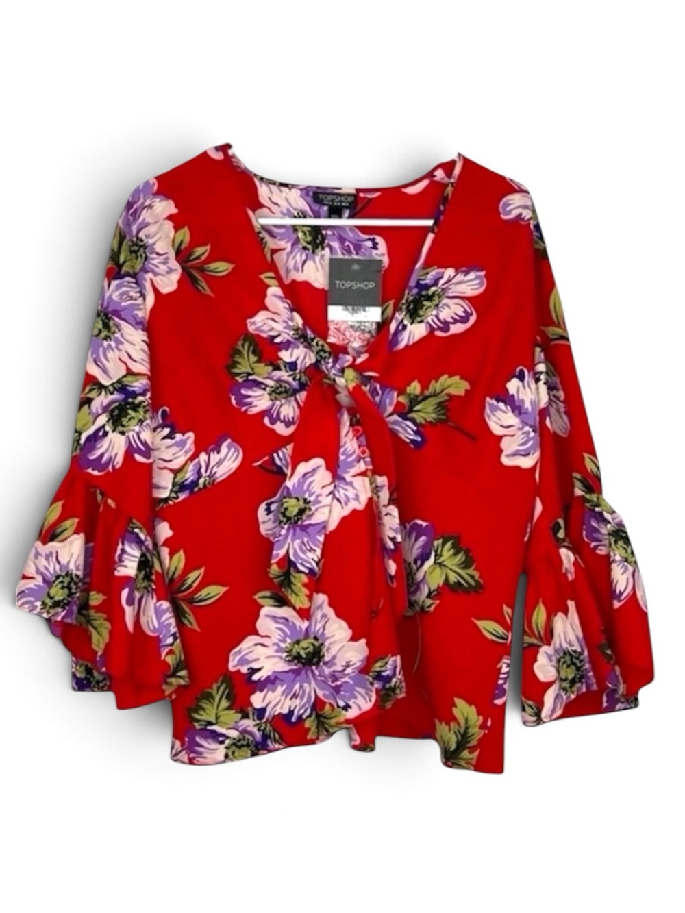 NWT Topshop Red Floral Blouse Tie Neck Bell Sleeve Boho Top Size 10